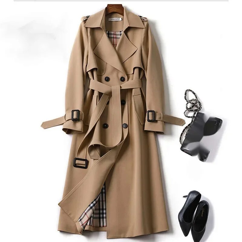 Damen Klassischer Langer Trenchcoat – Doppelreihige Jacke mit Gürtel