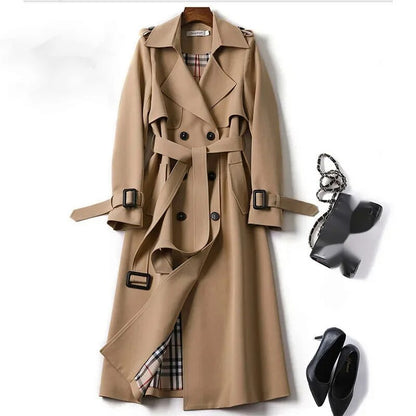 Damen Klassischer Langer Trenchcoat – Doppelreihige Jacke mit Gürtel