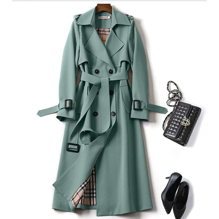 Damen Klassischer Langer Trenchcoat – Doppelreihige Jacke mit Gürtel