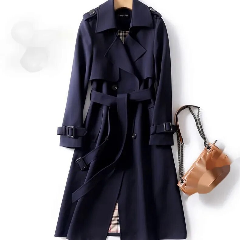 Damen Klassischer Langer Trenchcoat – Doppelreihige Jacke mit Gürtel