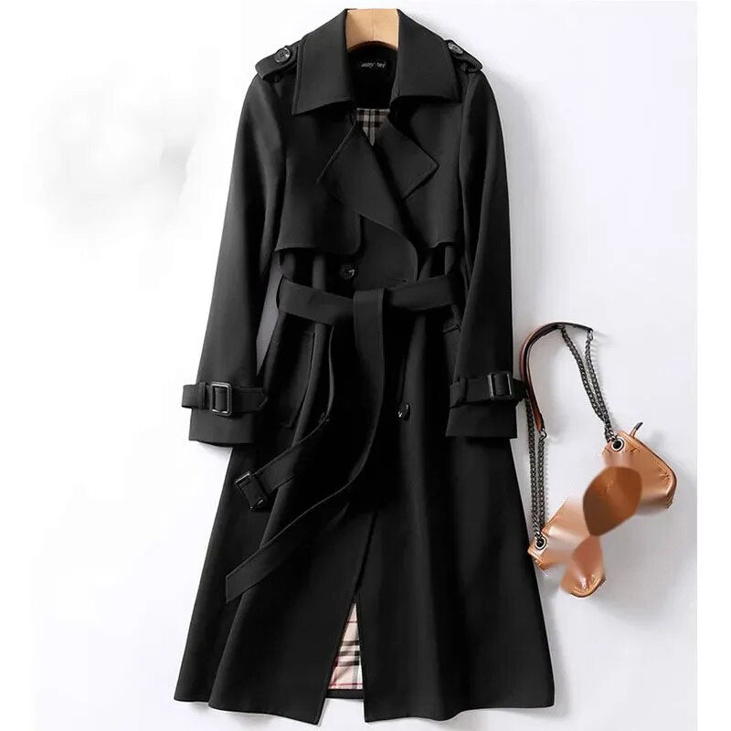 Damen Klassischer Langer Trenchcoat – Doppelreihige Jacke mit Gürtel