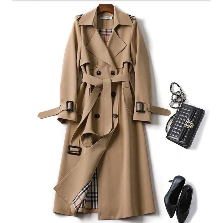 Damen Klassischer Langer Trenchcoat – Doppelreihige Jacke mit Gürtel
