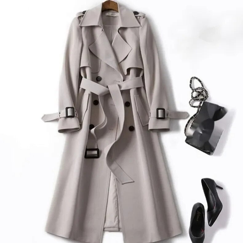 Damen Klassischer Langer Trenchcoat – Doppelreihige Jacke mit Gürtel