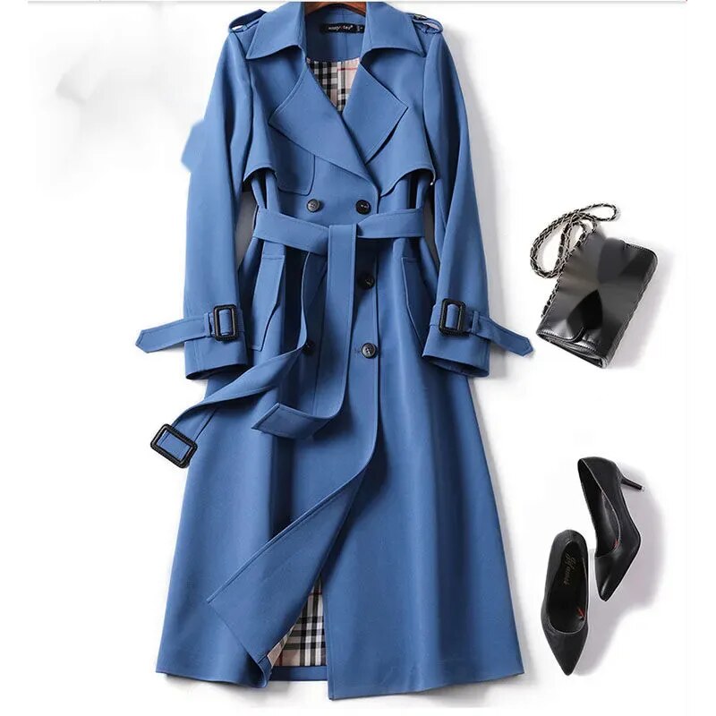 Damen Klassischer Langer Trenchcoat – Doppelreihige Jacke mit Gürtel