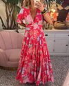 Damen Kleid Blumendruck V-Ausschnitt mit Taschen, Leichtes Baumwollkleid für Alltag und Freizeit