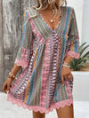 Damen Kleid V-Ausschnitt Spitzenverkleidung mit Blumenmuster Sommerkleid für Freizeit und Gartenpartys