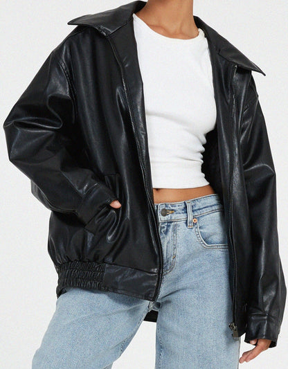 Damen Oversize Kunstlederjacke – Lässige Bomberjacke mit Reißverschluss