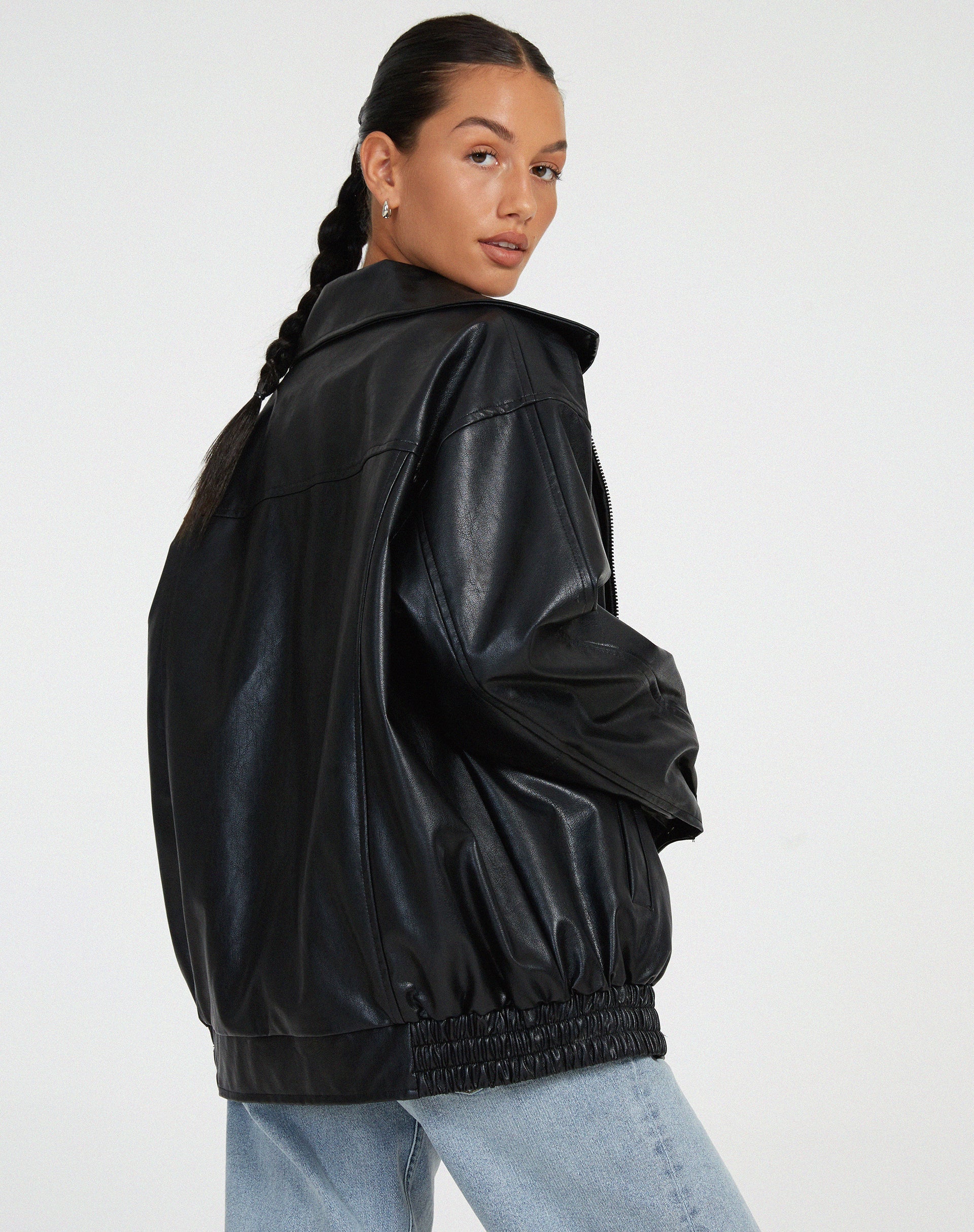 Damen Oversize Kunstlederjacke – Lässige Bomberjacke mit Reißverschluss