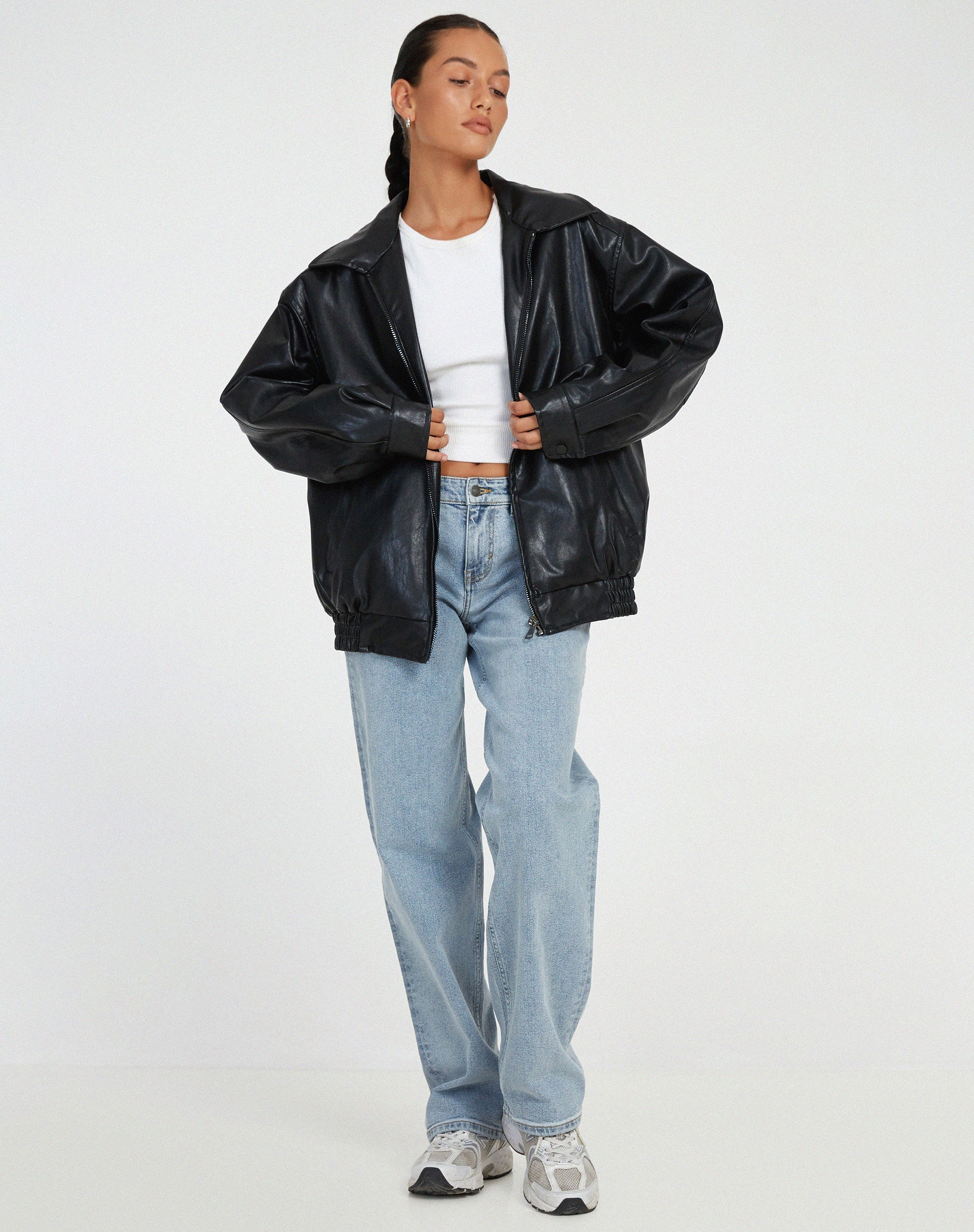 Damen Oversize Kunstlederjacke – Lässige Bomberjacke mit Reißverschluss