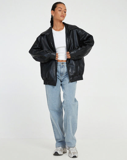 Damen Oversize Kunstlederjacke – Lässige Bomberjacke mit Reißverschluss