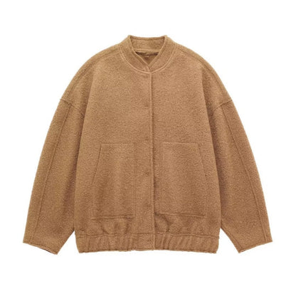 Damen Oversize-Wolljacke ohne Kragen – Minimalistische Übergangsjacke