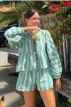 Damen Puffhemd und Shorts Set - Trendiges Sommeroutfit mit Puffärmeln und Button-Down-Design