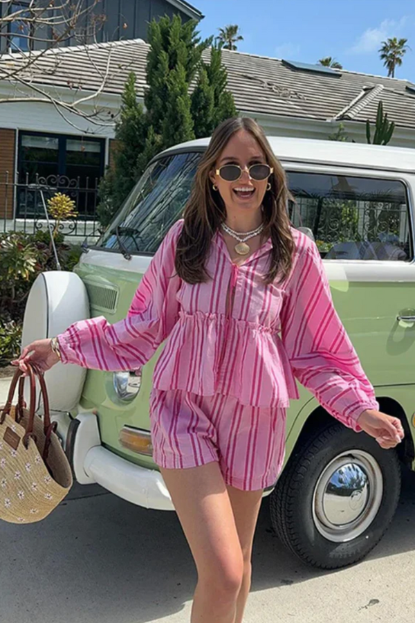 Damen Puffhemd und Shorts Set - Trendiges Sommeroutfit mit Puffärmeln und Button-Down-Design