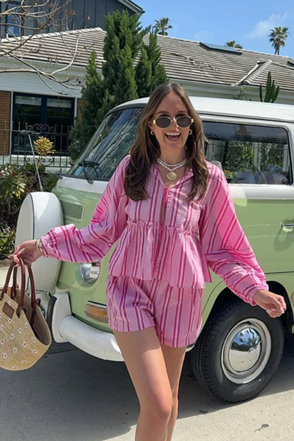 Damen Puffhemd und Shorts Set - Trendiges Sommeroutfit mit Puffärmeln und Button-Down-Design