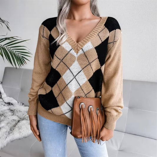 Damen-Pullover mit V-Ausschnitt und Muster in bequemer Passform