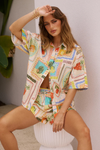Damen Set Geometrisches Druckhemd und Shorts für Sommer Freizeitoutfits