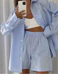 Damen Set – Gestreifter Sommerlook mit Shorts und Bluse