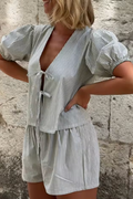 Damen Set mit Puffärmeln und Shorts, leichter Stoff, entspannte Passform, modernes Button-Down-Shirt, ideal für lässige Anlässe