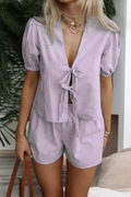 Damen Set mit Puffärmeln und Shorts, leichter Stoff, entspannte Passform, modernes Button-Down-Shirt, ideal für lässige Anlässe