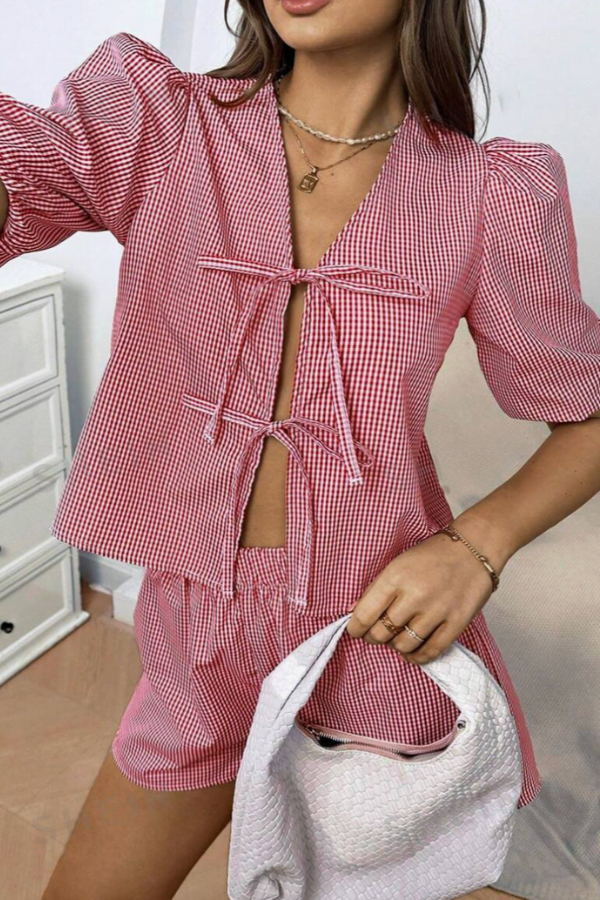 Damen Set mit Puffärmeln und Shorts, leichter Stoff, entspannte Passform, modernes Button-Down-Shirt, ideal für lässige Anlässe