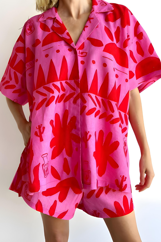 Damen Set mit Übergroßem Abstraktem Druckhemd und Shorts, Lässige Passform für Sommeroutfits