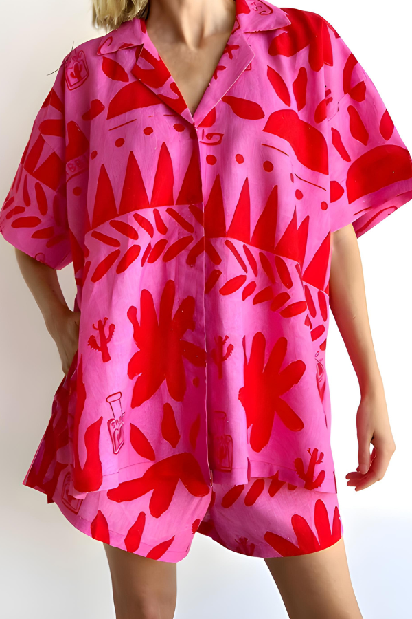 Damen Set mit Übergroßem Abstraktem Druckhemd und Shorts, Lässige Passform für Sommeroutfits