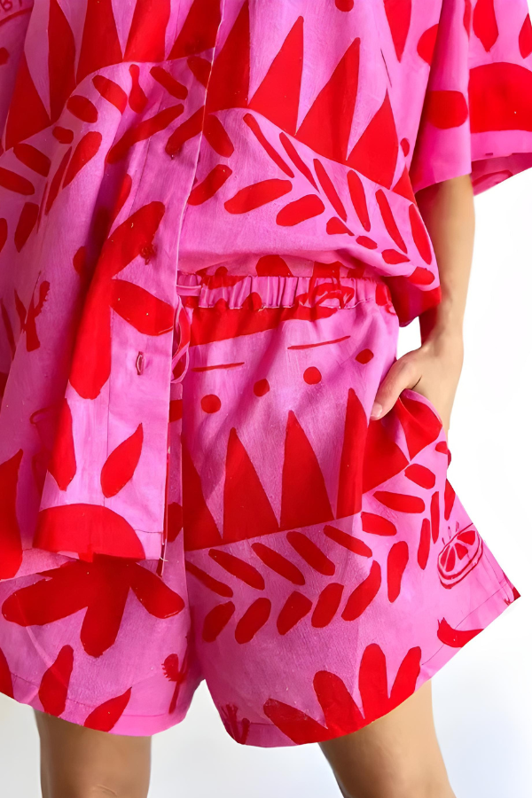 Damen Set mit Übergroßem Abstraktem Druckhemd und Shorts, Lässige Passform für Sommeroutfits
