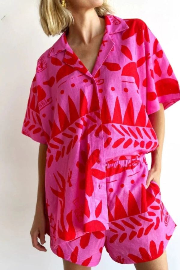 Damen Set mit Übergroßem Abstraktem Druckhemd und Shorts, Lässige Passform für Sommeroutfits