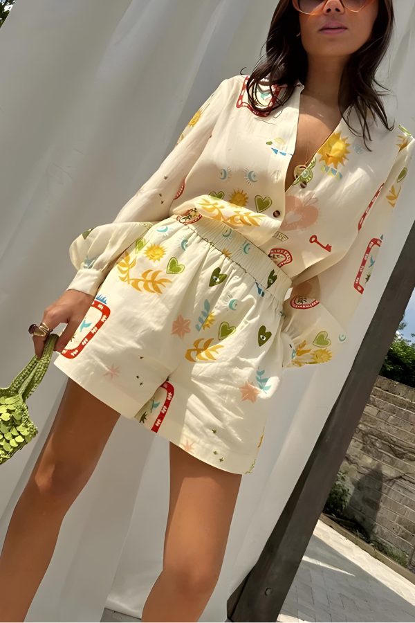 Damen Smart Casual Langarm-Shirt und Shorts Set - stilvolles Outfit für Frauen