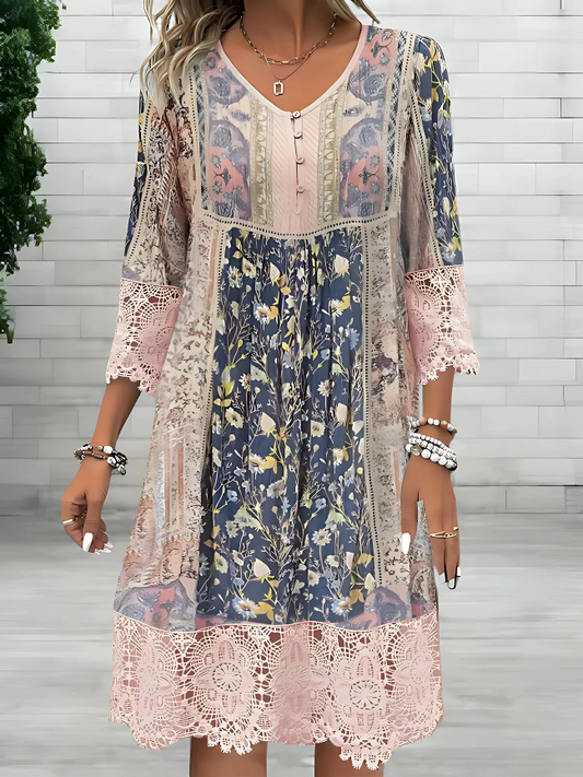 Damen Sommerkleid Bohemian Chic mit floralem Muster und Knopfdetails, leicht & atmungsaktiv
