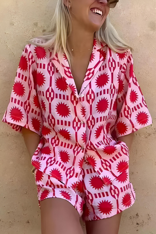 Damen Übergroßes Geometrisches Druckhemd und Shorts Set, Lässige Streetwear für Sommer