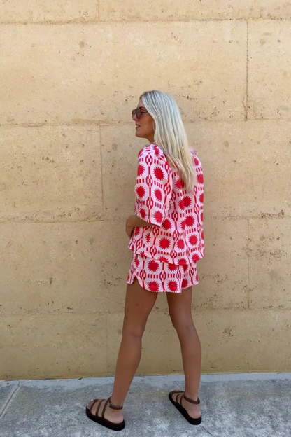 Damen Übergroßes Geometrisches Druckhemd und Shorts Set, Lässige Streetwear für Sommer