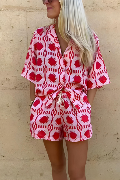 Damen Übergroßes Geometrisches Druckhemd und Shorts Set, Lässige Streetwear für Sommer