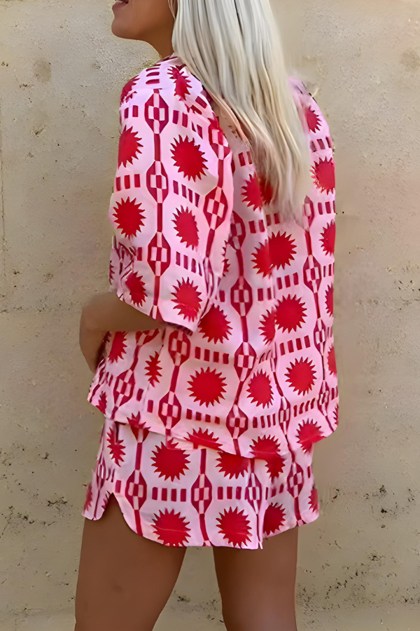 Damen Übergroßes Geometrisches Druckhemd und Shorts Set, Lässige Streetwear für Sommer