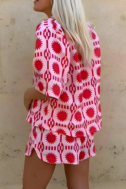 Damen Übergroßes Geometrisches Druckhemd und Shorts Set, Lässige Streetwear für Sommer