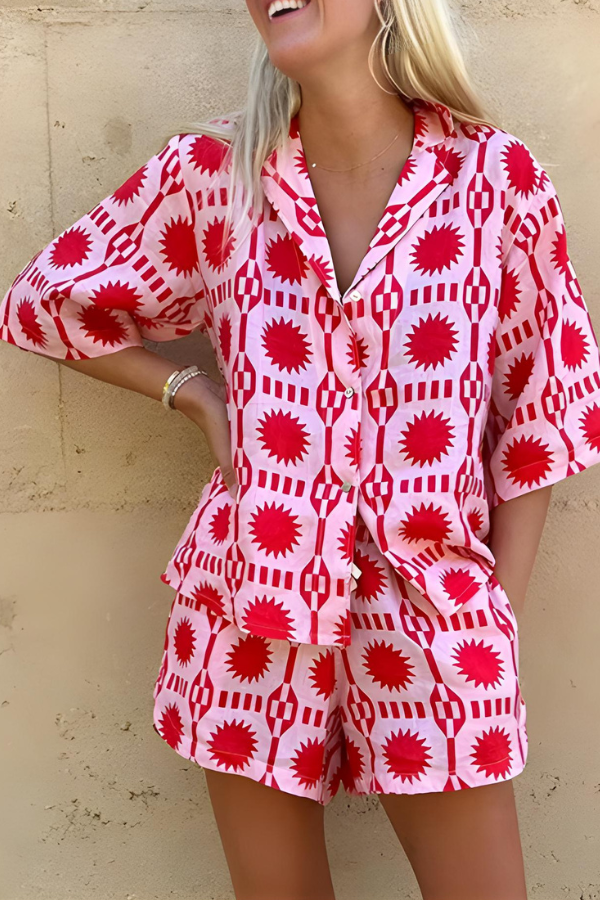 Damen Übergroßes Geometrisches Druckhemd und Shorts Set, Lässige Streetwear für Sommer
