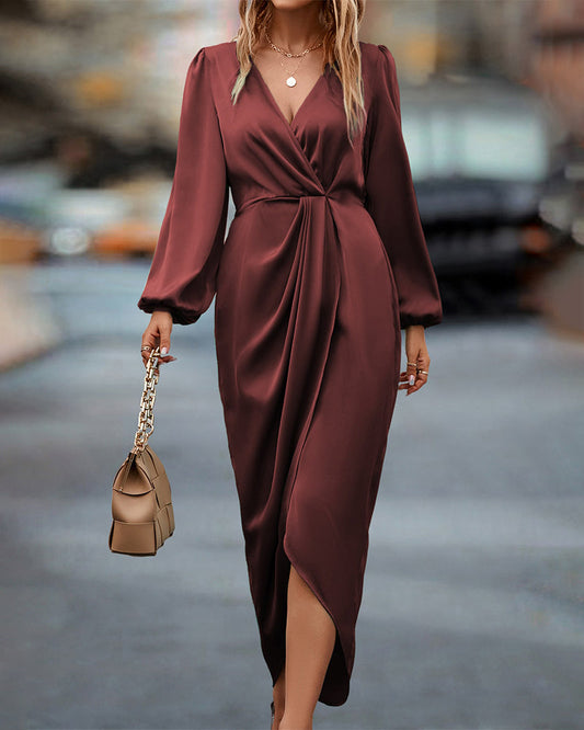 Damen Wickel-Midikleid – Langärmeliges Elegantes Abendkleid