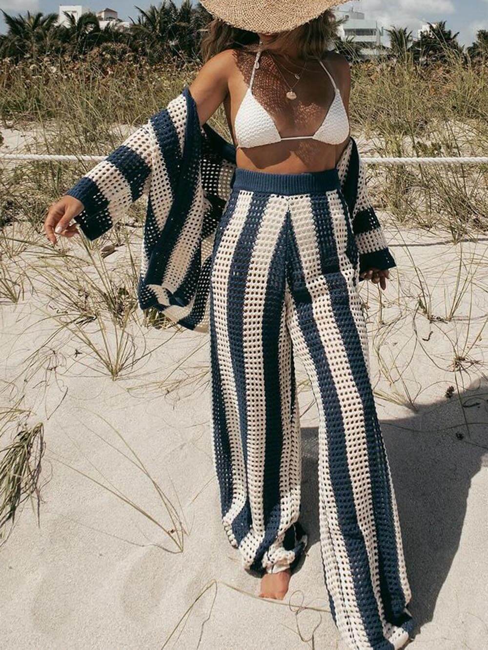 Damen Zweiteiliges Set Gestreiftes Hemd und Hose Leicht Atmungsaktiv Ideal für Sommer
