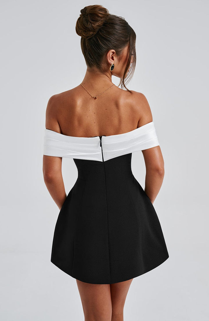 Damen Off Shoulder Mini Kleid | Kontrast A-Linie Skater Kleid