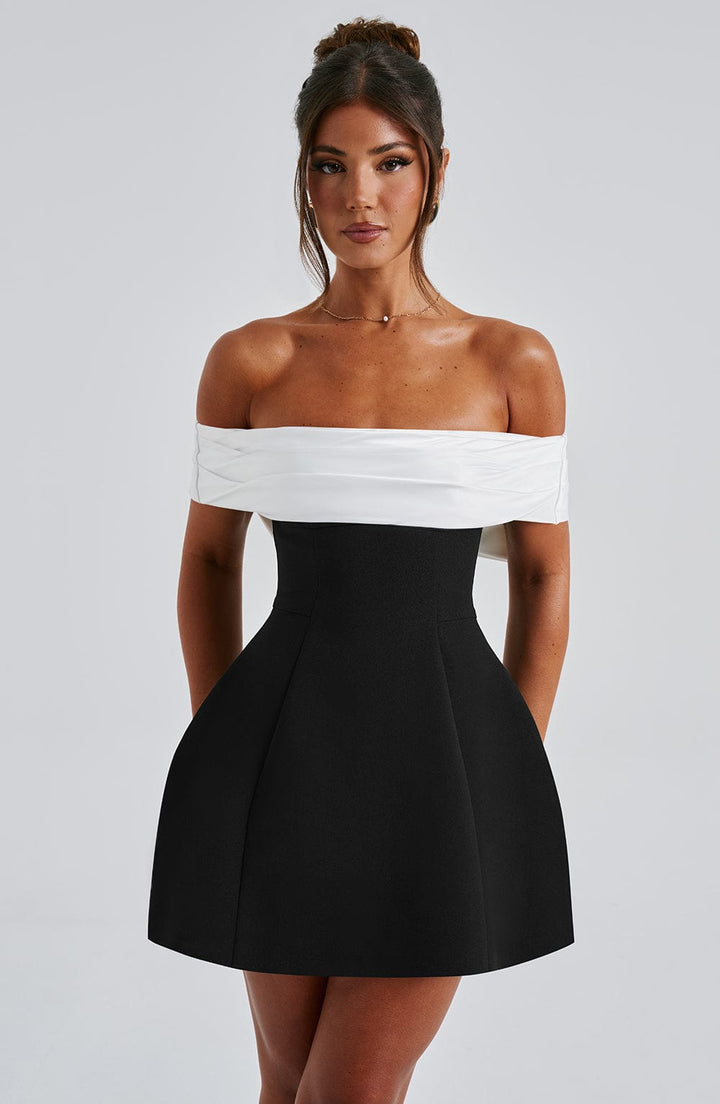 Damen Off Shoulder Mini Kleid | Kontrast A-Linie Skater Kleid