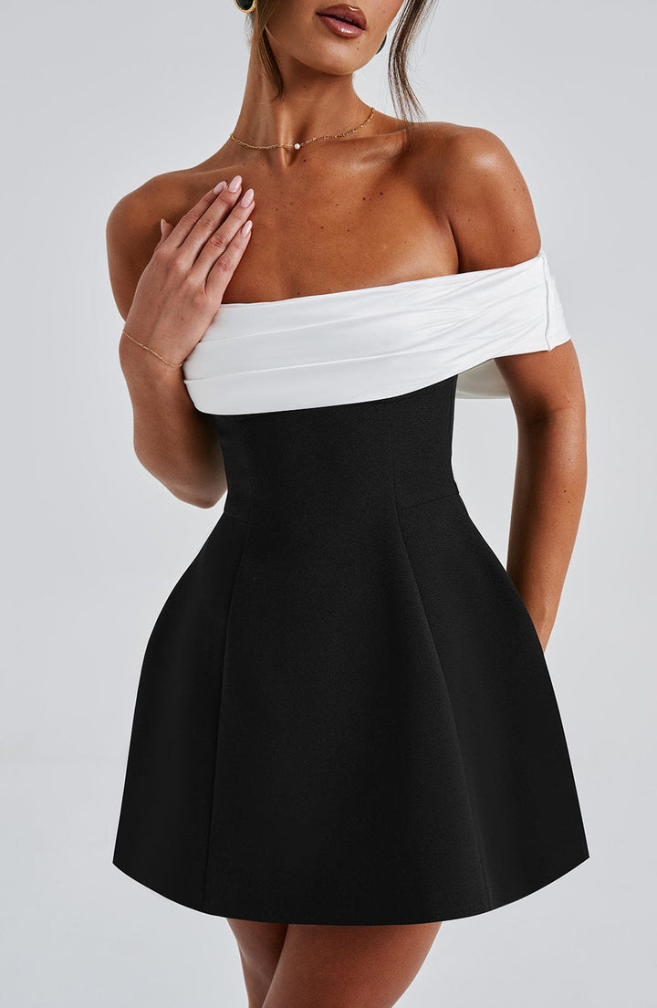 Damen Off Shoulder Mini Kleid | Kontrast A-Linie Skater Kleid