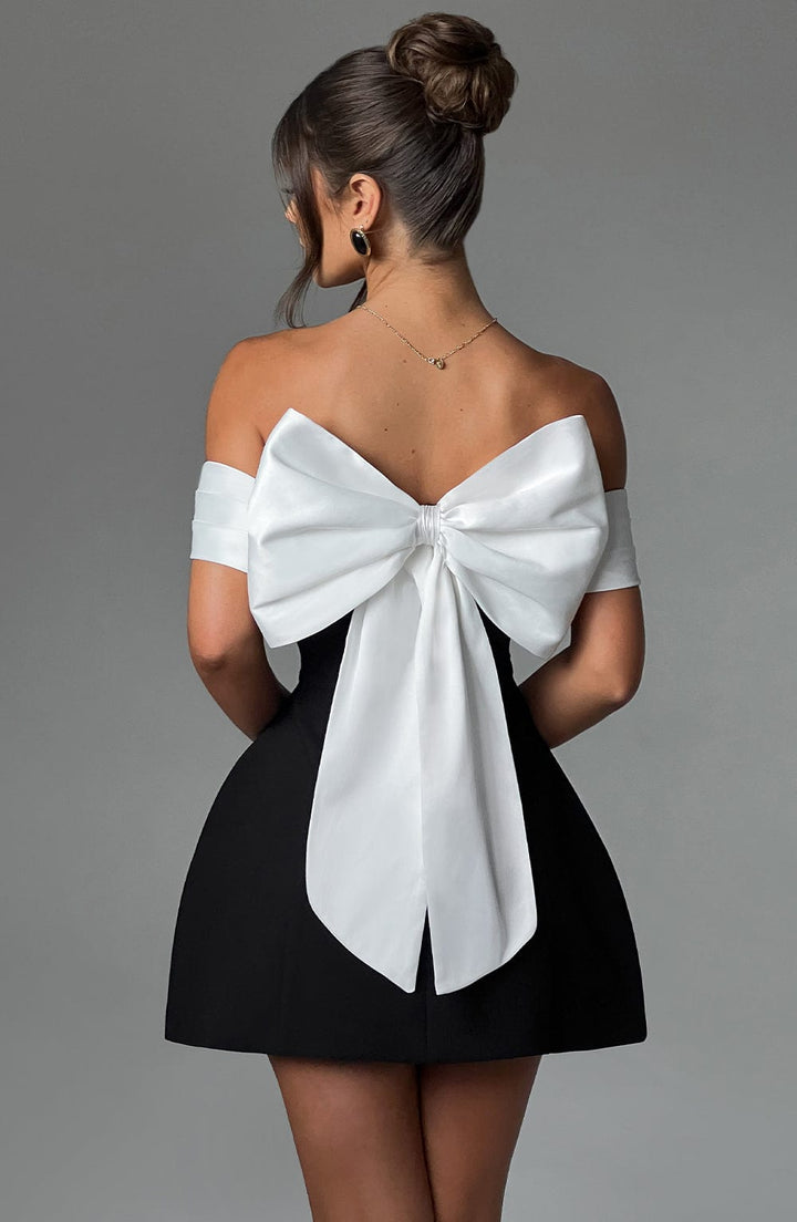 Damen Off Shoulder Mini Kleid | Kontrast A-Linie Skater Kleid