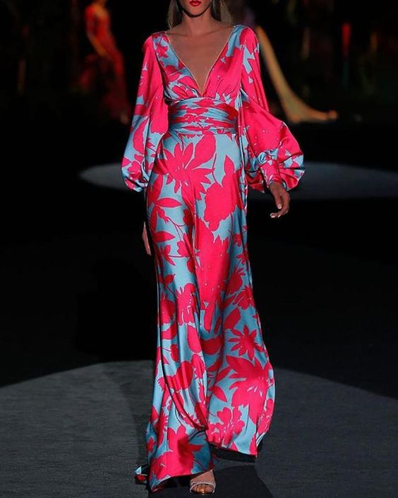 Damen Maxikleid | Lockere Passform | Florales Kleid mit V-Ausschnitt | Boho Urlaubslook