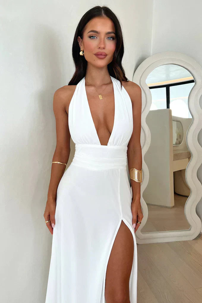 Damen Ärmelloses Halterneck Kleid Mit Hohem Schlitz | Lang