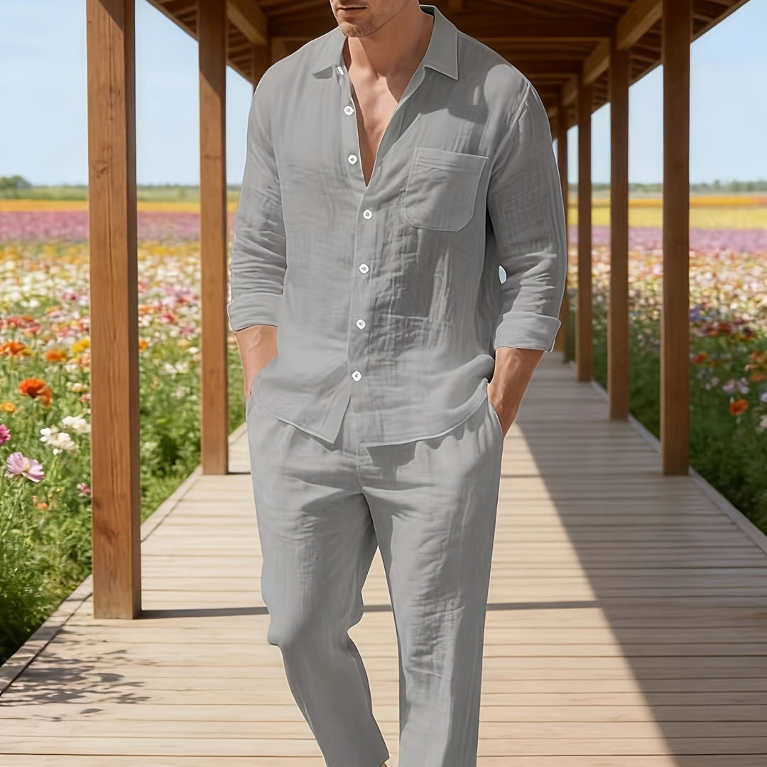 Herren Zweiteiler | Langarmhemd mit Kordelzughose | Bequeme Passform | Resort-Look