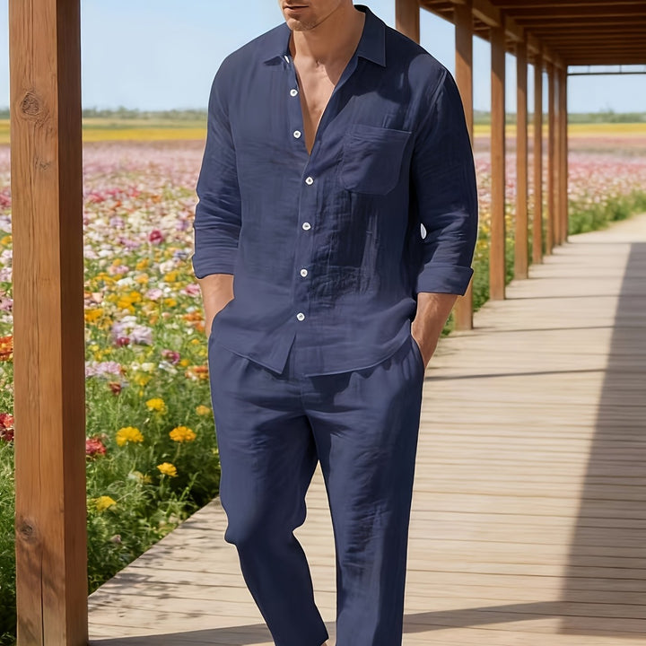 Herren Zweiteiler | Langarmhemd mit Kordelzughose | Bequeme Passform | Resort-Look