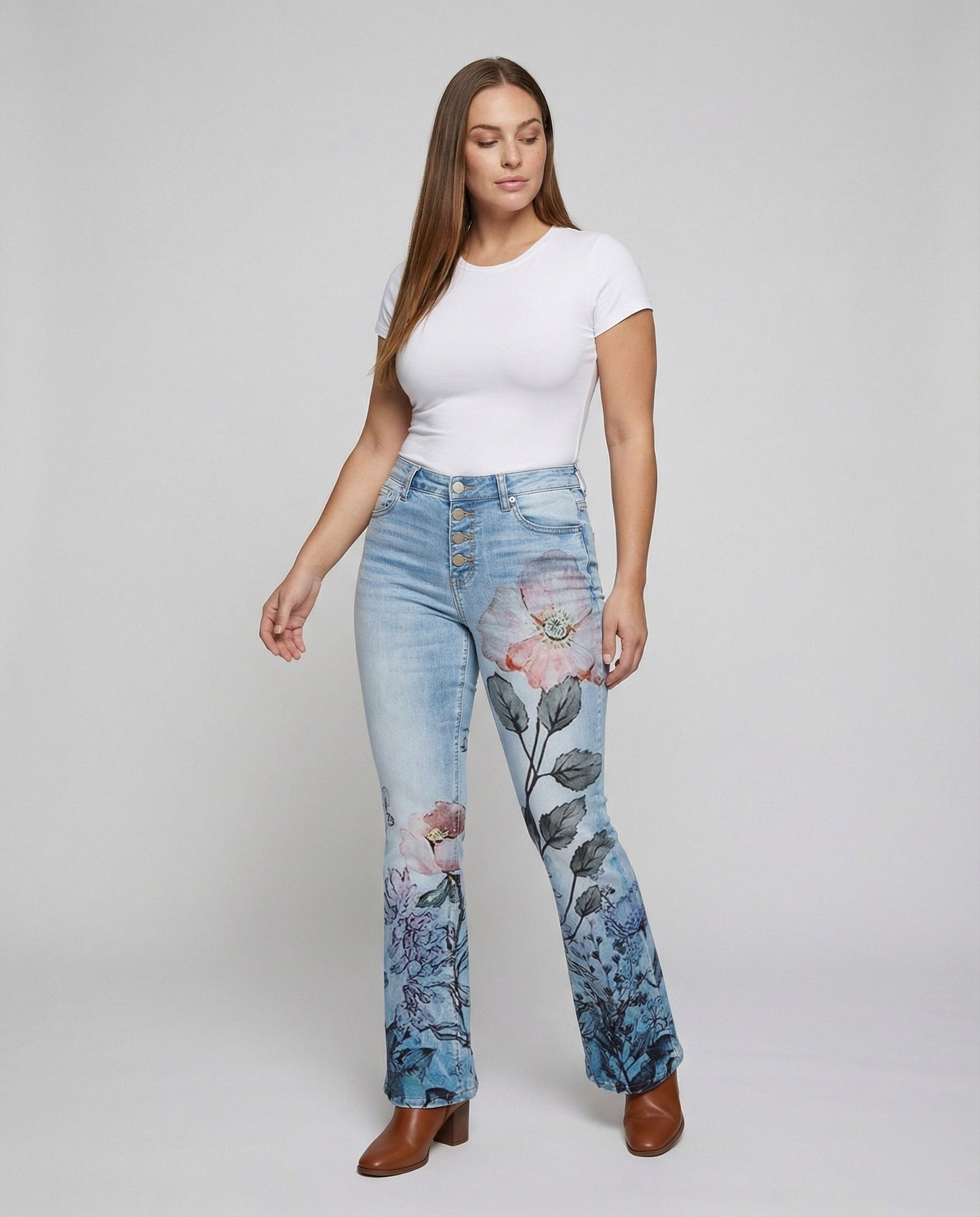 Pantaloni da donna a taglio stretto con vita alta | Stampa floreale