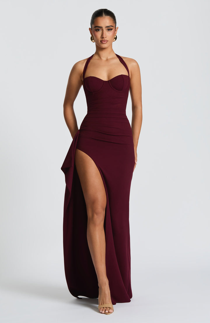 Damen Neckholder Maxi Kleid | Gerüschtes Hoher Schlitz Abendkleid