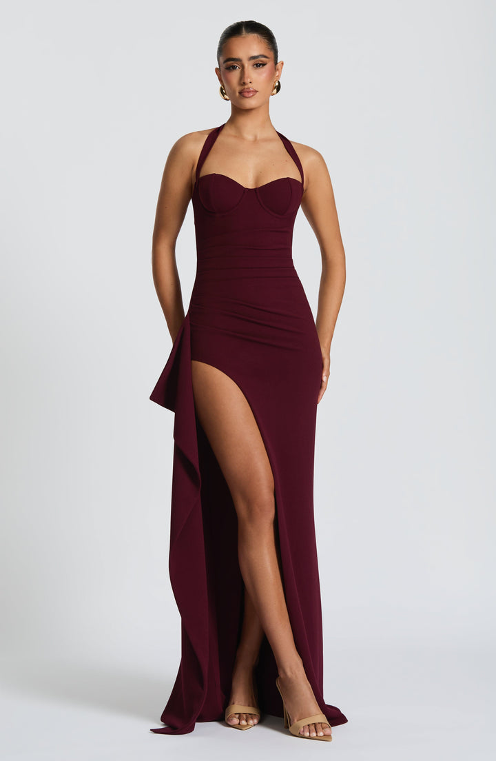 Damen Neckholder Maxi Kleid | Gerüschtes Hoher Schlitz Abendkleid