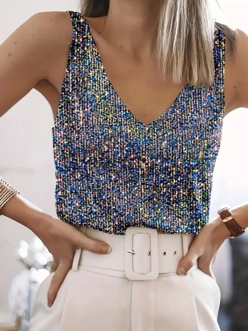 Glamouröses V-Ausschnitt Design Pailletten Top